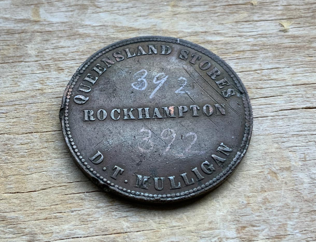 early 1863 advertising token coin for D T Mulligan Rockhampton Queensland Australia Queensland Stores C264